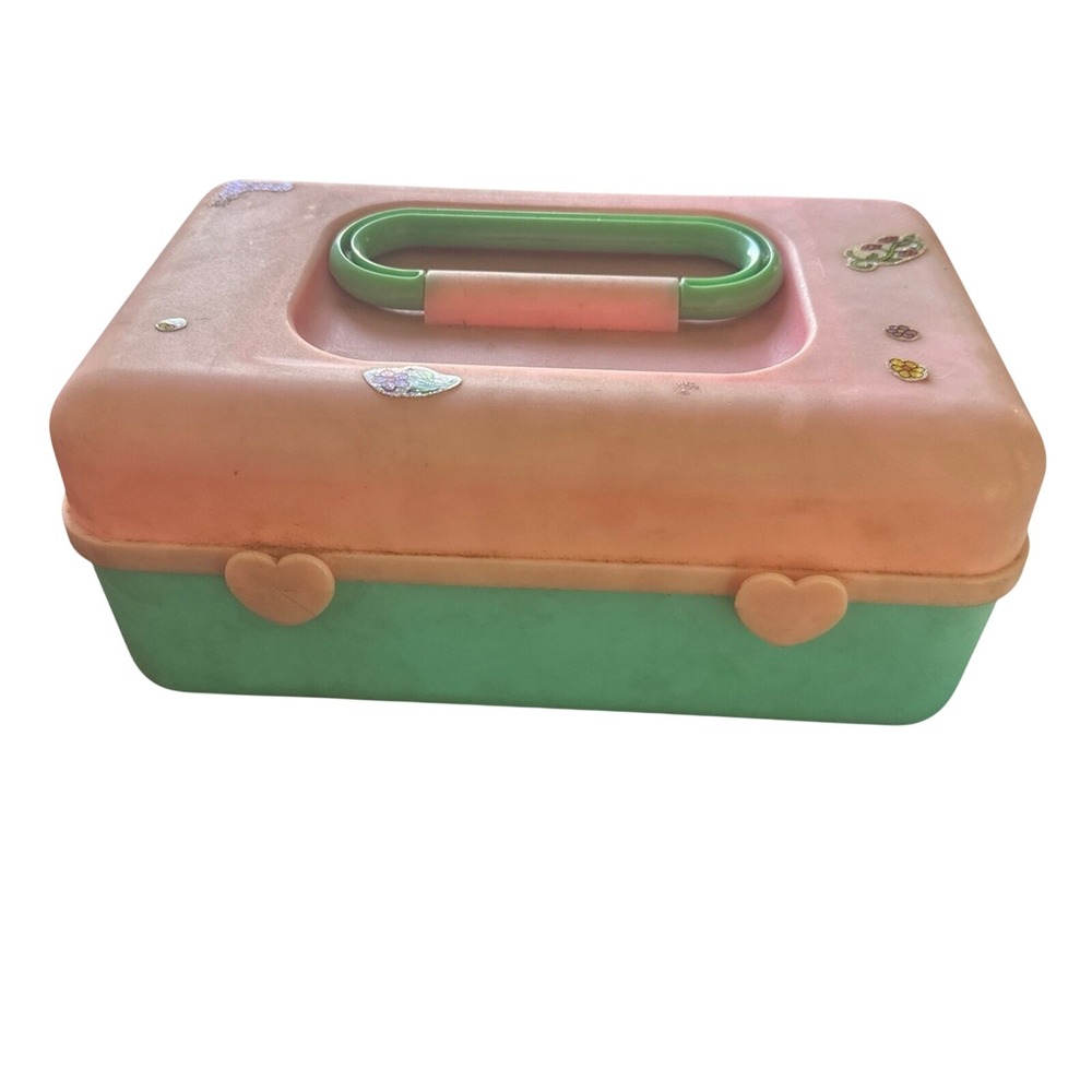 Vintage 1991 Imperial Pink Teal Plastic Makeup‎ Box Heart Latches Mirror Retro